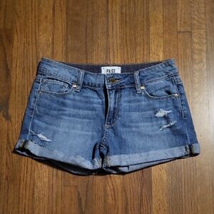 PAIGE Blue Jean Shorts with Cuffed Hem and Distressed Details